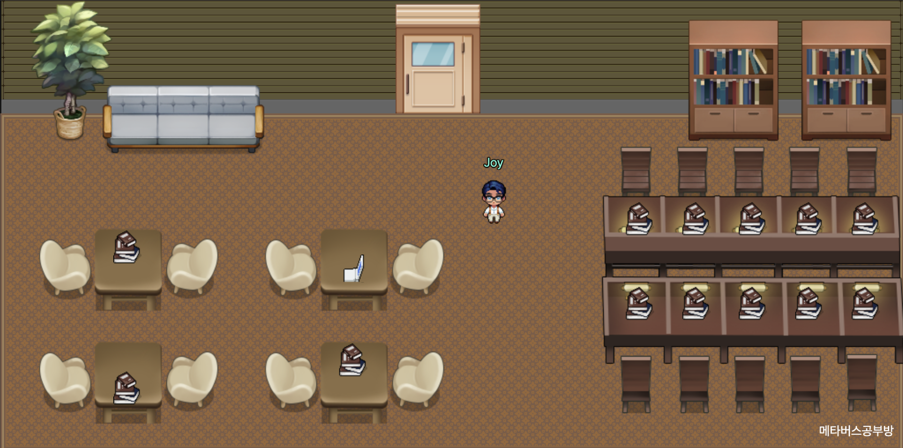 Virtual metaverse classroom with teacher Joy and student desks arranged like a real academy